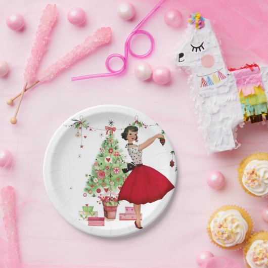 1950 Kerstmisvrouw met Kerstboom Papieren Bordje (Feest)