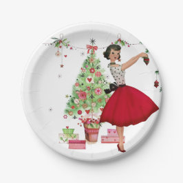 1950 Kerstmisvrouw met Kerstboom Papieren Bordje