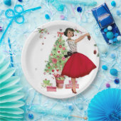 1950 Kerstmisvrouw met Kerstboom Papieren Bordje (Feest)