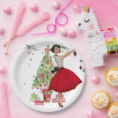 1950 Kerstmisvrouw met Kerstboom Papieren Bordje (Feest)