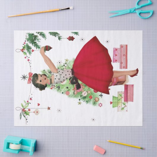 1950 Kerstmisvrouw met Kerstboom Tissuepapier (Craft)