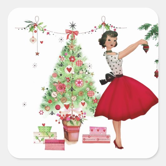 1950 Kerstmisvrouw met Kerstboom Vierkante Sticker (Voorkant)