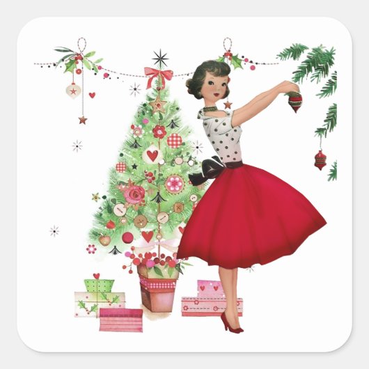 1950 Kerstmisvrouw met Kerstboom Vierkante Sticker (Voorkant)