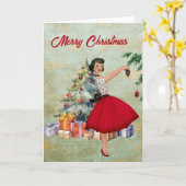 1950 Kerstvrouw met Kerstboom Kaart (Gele Bloem)