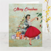 1950 Kerstvrouw met Kerstboom Kaart (Gele Bloem)