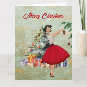 1950 Kerstvrouw met Kerstboom Kaart