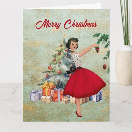 1950 Kerstvrouw met Kerstboom Kaart (Voorkant)