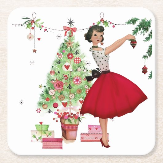 1950 Kerstvrouw met Kerstboom Kartonnen Onderzetters (Voorkant)