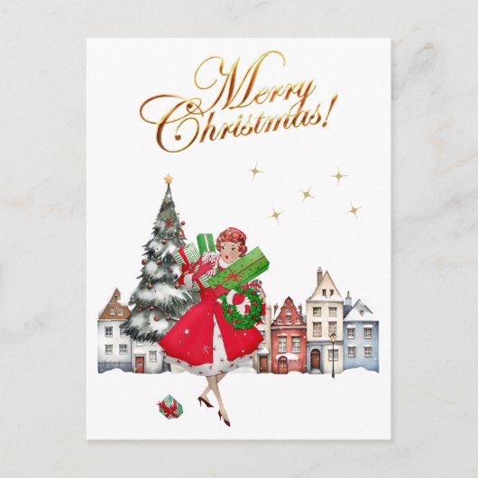 1950  kerstwinkels voor kerstcadeautjes feestdagenkaart (Voorkant)