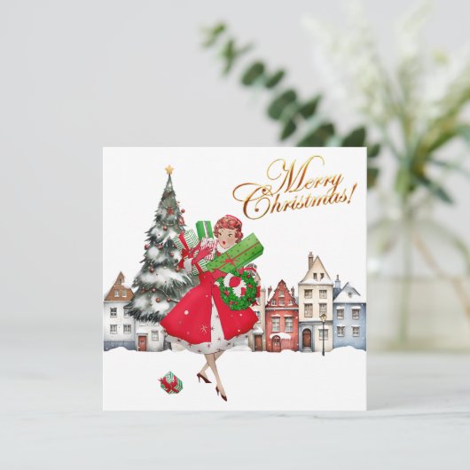 1950 kerstwinkels voor kerstcadeautjes kaart (Staand voorkant)