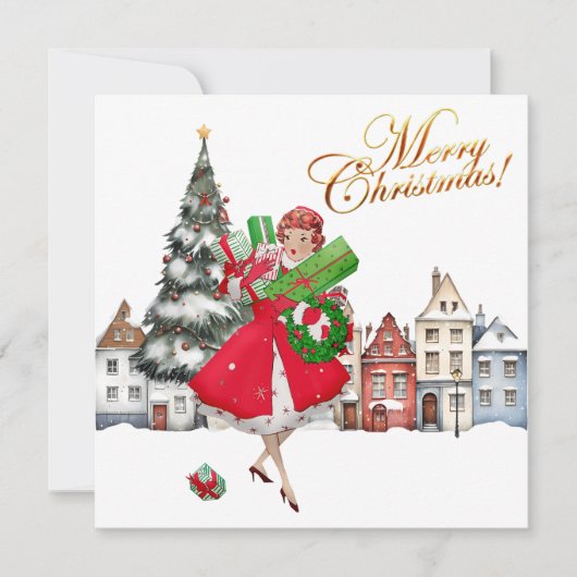 1950  kerstwinkels voor kerstcadeautjes kaart (Voorkant)