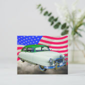 1950 Nash Ambassadeur Car en Amerikaanse vlag Briefkaart (Staand voorkant)