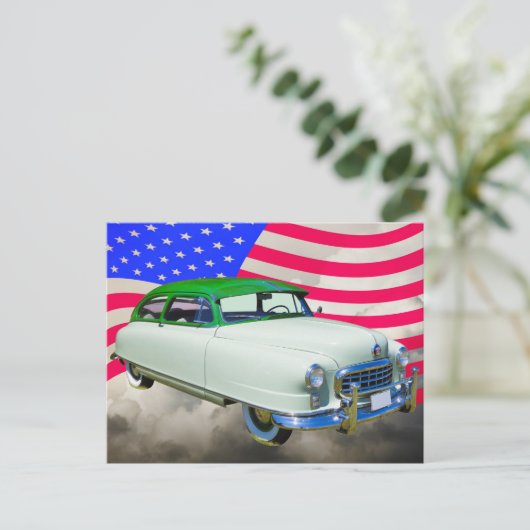 1950 Nash Ambassadeur Car en Amerikaanse vlag Briefkaart (Staand voorkant)