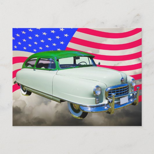 1950 Nash Ambassadeur Car en Amerikaanse vlag Briefkaart (Voorkant)