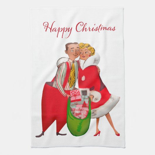 1950 Paar met Kerstcadeauzak Theedoek (Verticaal)
