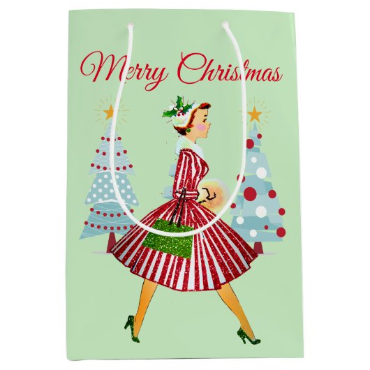 1950 Retro Kerst Dame Medium Cadeauzakje (Voorkant)