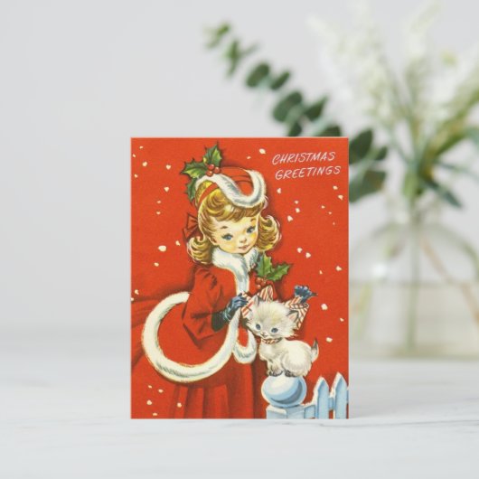 1950 Retro Vintage-kerstmeisje Feestdagenkaart (Staand voorkant)