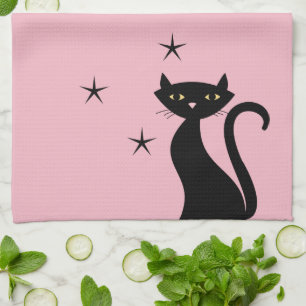 1950-stijl Black Cat, roze Theedoek