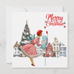 1950 Vintage Dame Stuurt Kerstgroeten