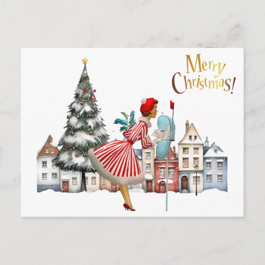 1950 Vintage Dame Stuurt Kerstgroeten Briefkaart (Voorkant)