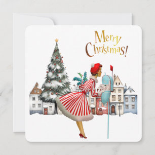 1950 Vintage Dame Stuurt Kerstgroeten Feestdagenkaart