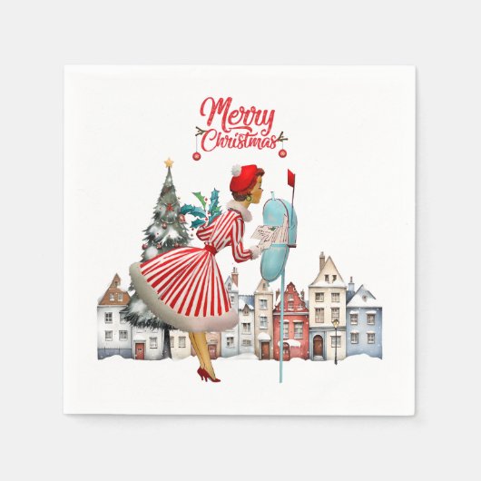 1950 Vintage Dame Stuurt Kerstgroeten Servet (Voorkant)