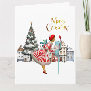 1950 Vintage Dame Stuurt Prettig Kerstfeest Kaart