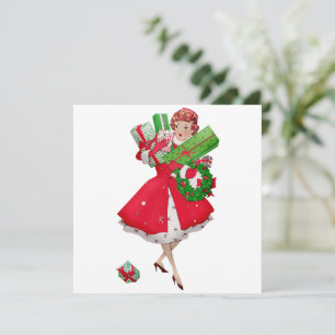 1950 Vintage Dame Winkelt Kerstcadeaus Kaart