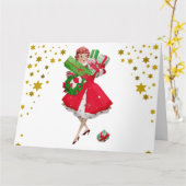 1950 Vintage Dame Winkelt Kerstcadeaus Kaart (Gele Bloem)