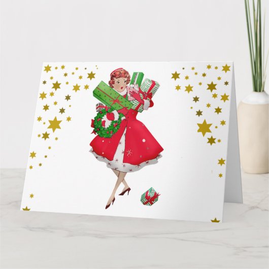 1950 Vintage Dame Winkelt Kerstcadeaus Kaart (Voorkant)
