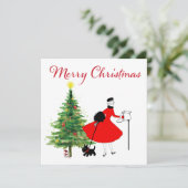1950 Vintage Kerst Dame met Hond Feestdagenkaart (Staand voorkant)
