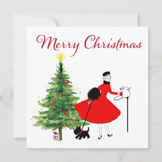 1950 Vintage Kerst Dame met Hond Feestdagenkaart (Voorkant)