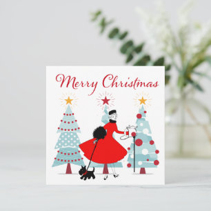 1950 Vintage Kerst Dame met Hond Feestdagenkaart