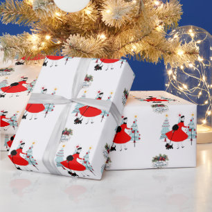 1950 Vintage Kerst Dame met Schotse Terriër Cadeaupapier