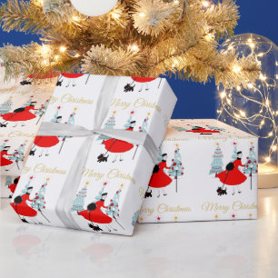 1950 Vintage Kerst Dame met Schotse Terriër Cadeaupapier