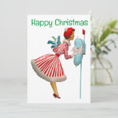 1950 Vintage kerst vrouw met geschenken Feestdagenkaart (Staand voorkant)