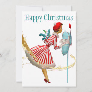 1950 Vintage kerst vrouw met geschenken Feestdagenkaart