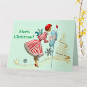 1950 Vintage kerst vrouw met geschenken Kaart (Gele Bloem)