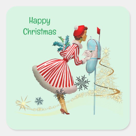 1950 Vintage kerst vrouw met geschenken Vierkante Sticker (Voorkant)