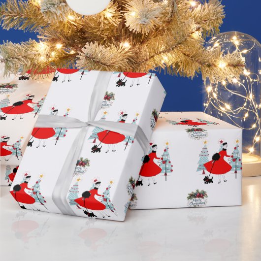 1950 Vintage kerstdame met Schotse Terrior Cadeaupapier (Feestdagen)