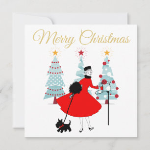 1950 Vintage kerstdame met Schotse Terrior Kaart