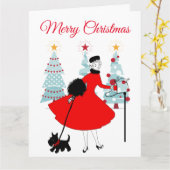 1950 Vintage kerstdame met Schotse Terrior Kaart (Gele Bloem)