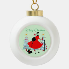 1950 Vintage kerstdame met Schotse Terrior Keramische Bal Ornament