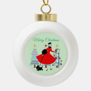 1950 Vintage kerstdame met Schotse Terrior Keramische Bal Ornament