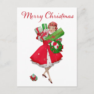 1950 Vintage Kerstmis Dame met cadeaus Briefkaart