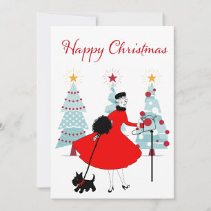1950 Vintage Kerstmis Dame met Schotse Terriër Feestdagenkaart