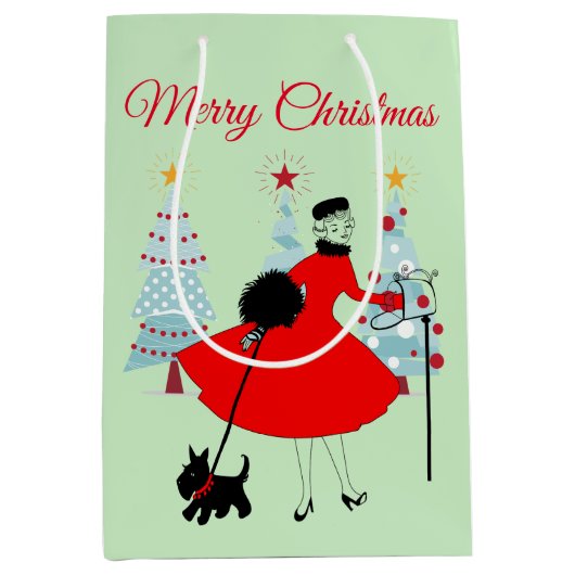 1950 Vintage Kerstmis Dame met Schotse Terriër  Medium Cadeauzakje (Voorkant)