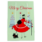 1950 Vintage Kerstmis Dame met Schotse Terriër  Medium Cadeauzakje (Achterkant)