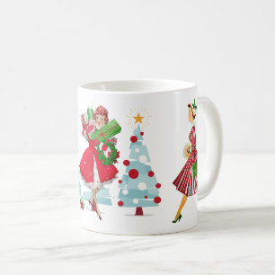 1950 Vintage Kerstmis Dames Rood Groen Wit  Koffiemok