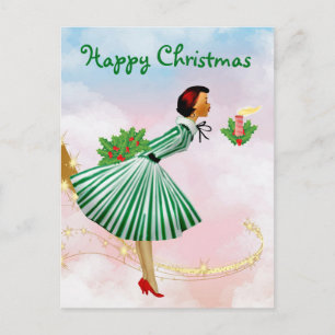 1950 Vintage Kerstmis vrouw Briefkaart